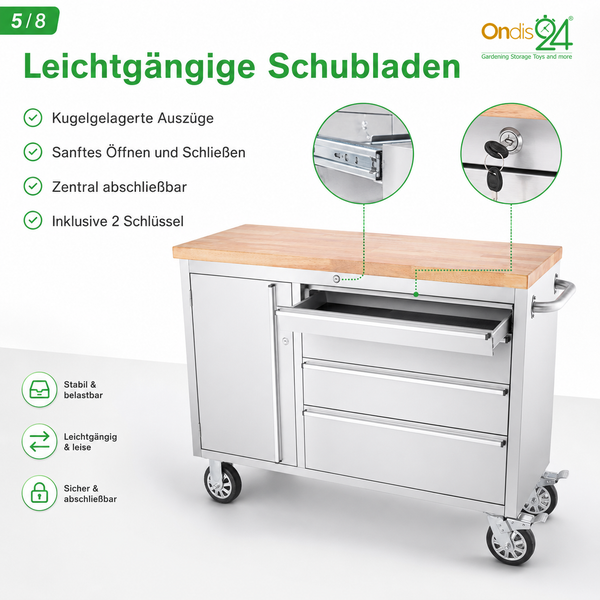 Fahrbarer Werkstattwagen aus Metall mit Holzplatte, kugelgelagerten Schubladen und Zentralschloss inklusive zwei Schlüsseln. Ondis24 Logo.
