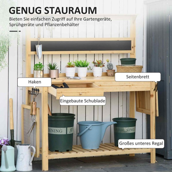 Outsunny Gärtnertisch Pflanztisch mit 8 Haken Ablage Schublade Blumentisch aus Holz für Terrasse Garten 151 x 45,5 x 143 cm Natur
