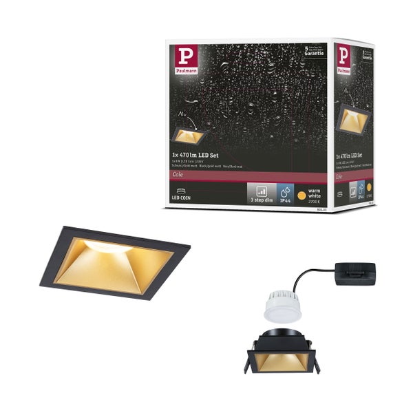 LED Einbauleuchte 3-Step-Dim Cole Coin Einzelleuchte IP44 eckig 88x88mm Coin 6W 470lm 230V dimmbar 2700K Schwarz, Gold matt