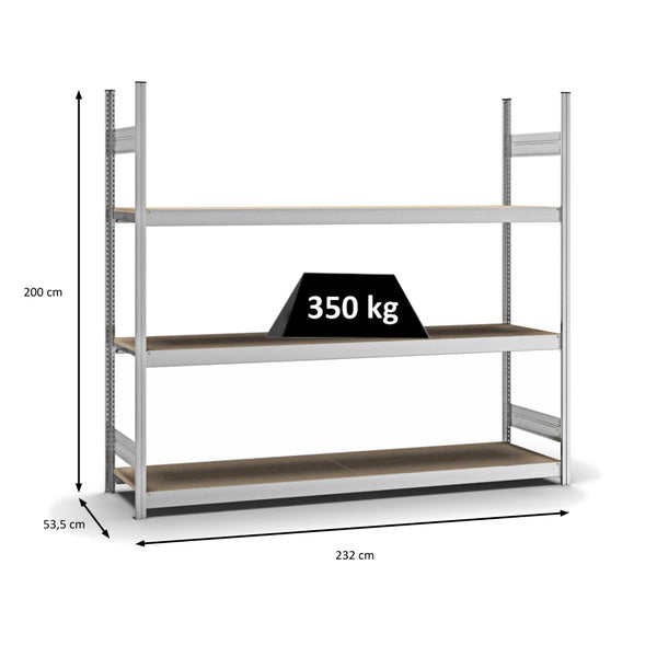 PROREGAL Weitspannregal Stecksystem T-Profil Grundregal HxBxT 200x225x50 cm 3 Ebenen Spanplatten Fachboden Fachlast 350 kg Verzinkt
