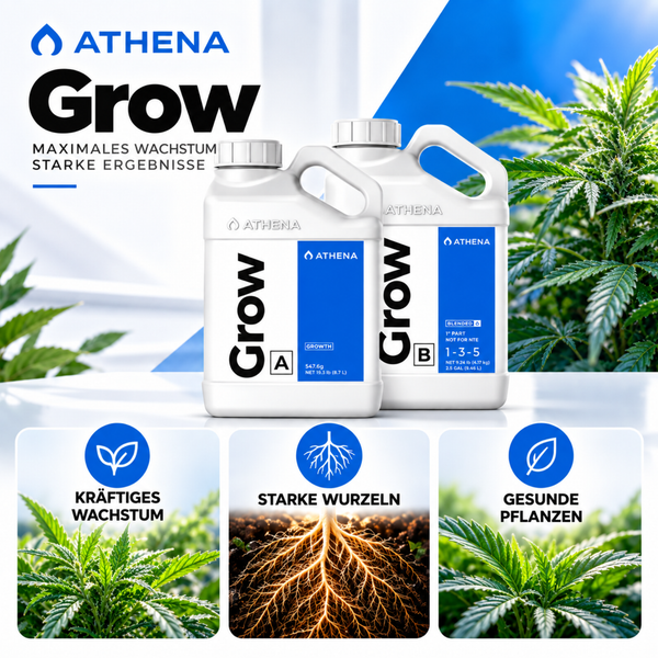 Zwei Flaschen Athena Grow A und B Pflanzennährstoff zur Wachstumsförderung mit Grafiken zu kräftigem Wachstum, starken Wurzeln und gesunden Pflanzen.