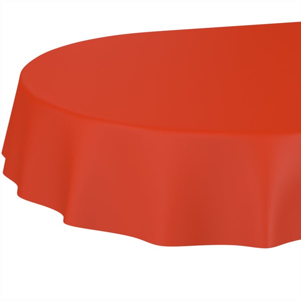 Runde rote Tischdecke.