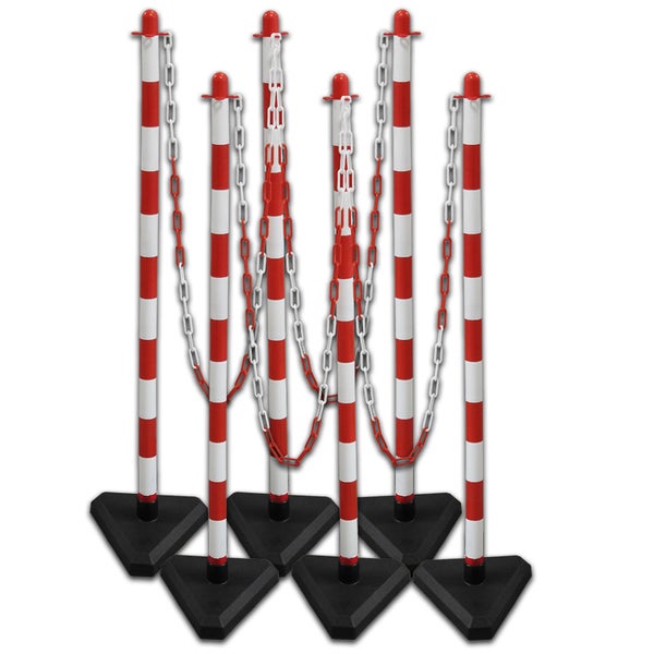 UvV Kettenpfosten Lugano 3kg Beton Fuß rot weiß inkl. 2.5m Kette je Pfosten / 6er Set / 130 cm