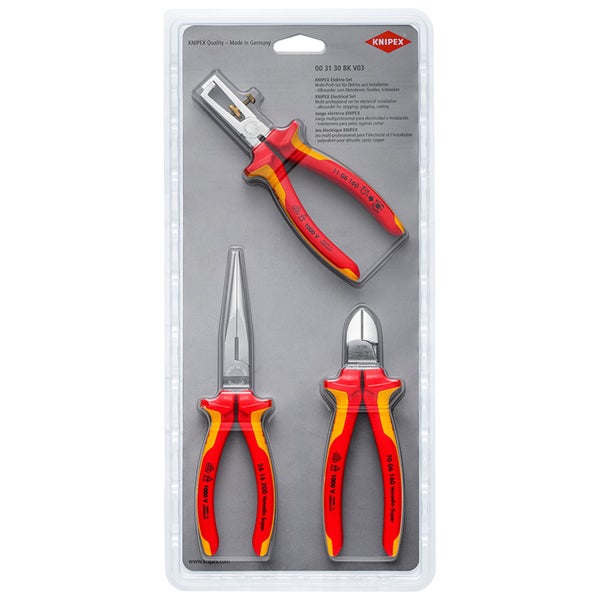 Knipex Elektro Installations Set mit Abisolierzange, Flachrundzange und Seitenschneider in Verpackung