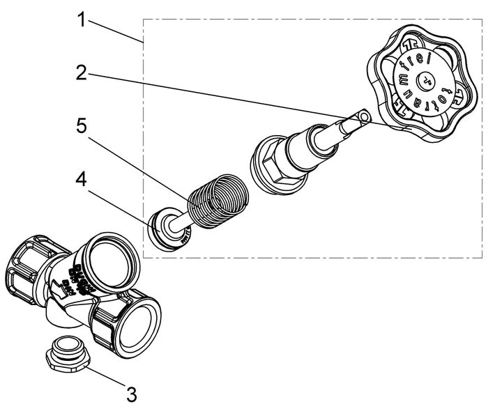 Explosionszeichnung einer Armatur mit Handrad, Spindel, Dichtung und Feder für ein Außenwandventil.