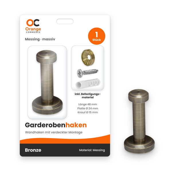 Massiver Garderobenhaken aus Messing mit verdeckter Montage, Länge 48 Millimeter, inklusive Befestigungsmaterial von Orange Commerce Logo.