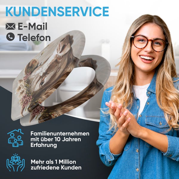Toilettensitz mit Eulenmotiv und Kundenserviceinformationen
