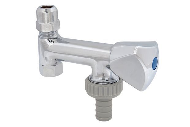 Kombi-Eckventil aus verchromtem Metall mit Geräteanschluss und Quetschverschraubung.