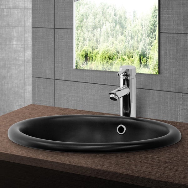 ML-Design Waschbecken aus Keramik Schwarz matt 49x40,5x19,5 cm Oval mit Ablaufgarnitur, Einbauwaschbecken mit Überlauf, Aufsatzwaschbecken Einbauwaschtisch Waschschale Handwaschbecken, für Badezimmer