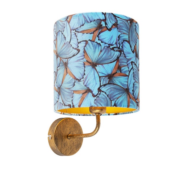 Vintage Wandlampe Gold mit Schmetterling Veloursschirm - Matt