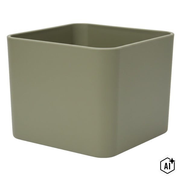 Quadratischer olivgrüner Übertopf aus Kunststoff mit abgerundeten Ecken.