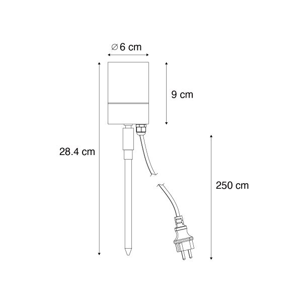 Gartenleuchte mit Erdspieß Skizze. Maße: Durchmesser 6 Zentimeter, Kopf 9 Zentimeter, Gesamthöhe 28,4 Zentimeter, Kabellänge 250 Zentimeter.