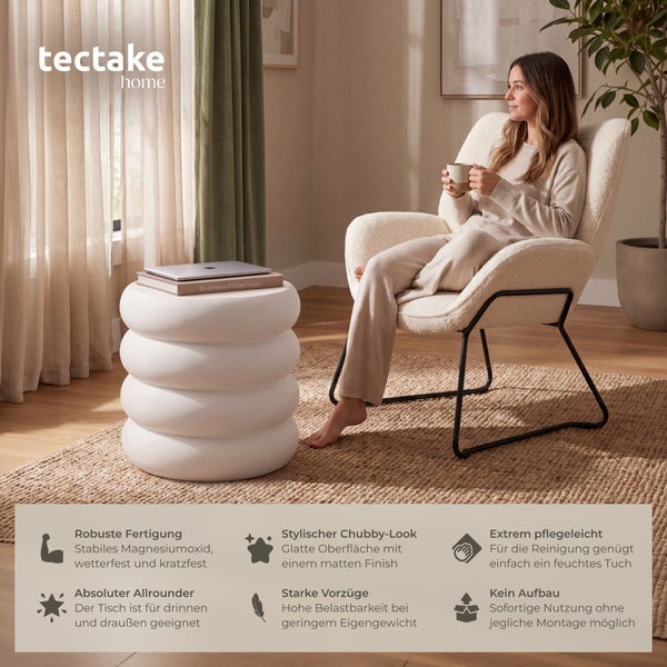 Tectake Home Beistelltisch aus Magnesiumoxid in Chubby Optik für Innen und Außen, robust, pflegeleicht und ohne Montage nutzbar.