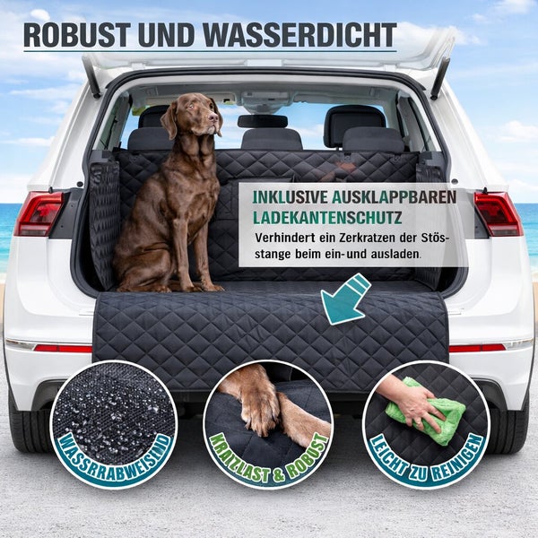 Hundeschutzdecke für den Kofferraum mit Ladekantenschutz, wasserdicht und kratzfest, inklusive Pflegehinweisen.