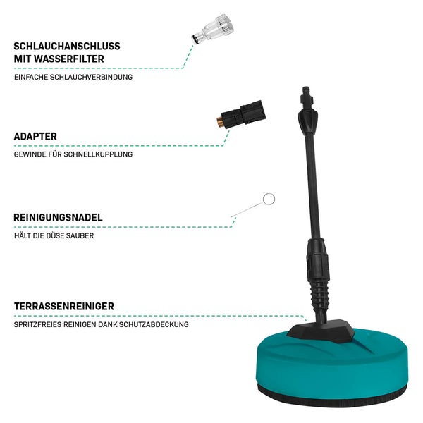 Terrassenreiniger Set mit Schlauchanschluss, Adapter und Reinigungsnadel