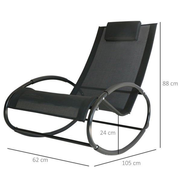 Garten-Schaukelliege mit schwarzem Mesh und Kopfkissen. Maße: 105 mal 62 mal 88 Zentimeter, Sitzhöhe 24 Zentimeter.