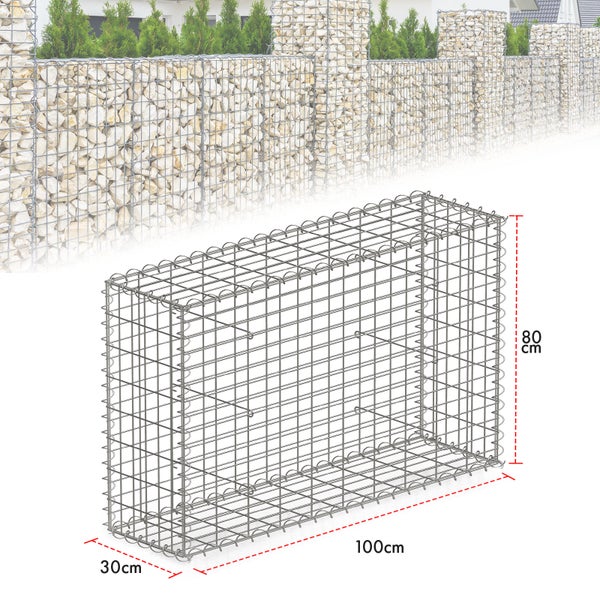 FLOORDIREKT Gabionenkorb Lenox -Steinkorb Zaun Sichtschutz Verzinkt 100 x 80 x 30 cm