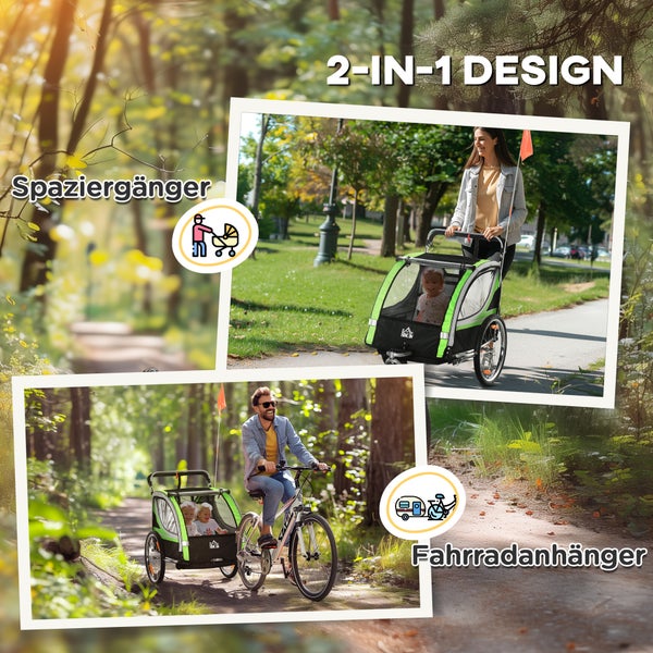 HOMCOM 2 in 1 Kinderfahrradanhänger, 142L x 75B x 101H cm, Stahl, Oxfordstoff, Grün