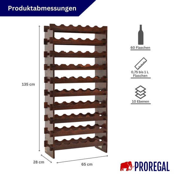 Proregal Weinregal aus Holz mit Abmessungen: 135 Zentimeter hoch, 65 Zentimeter breit, 28 Zentimeter tief. Platz für 60 Flaschen auf 10 Ebenen.