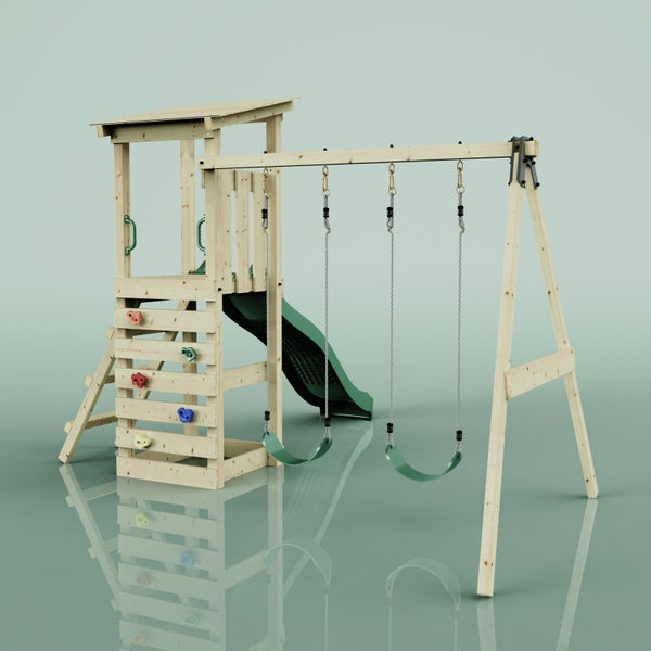 Spielturm mit Kletterwand, Rutsche und Schaukel