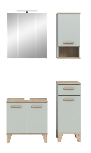 Badezimmermöbel Set bestehend aus Spiegelschrank, Hängeschrank, Waschtischunterschrank und Seitenschrank im modernen Design.