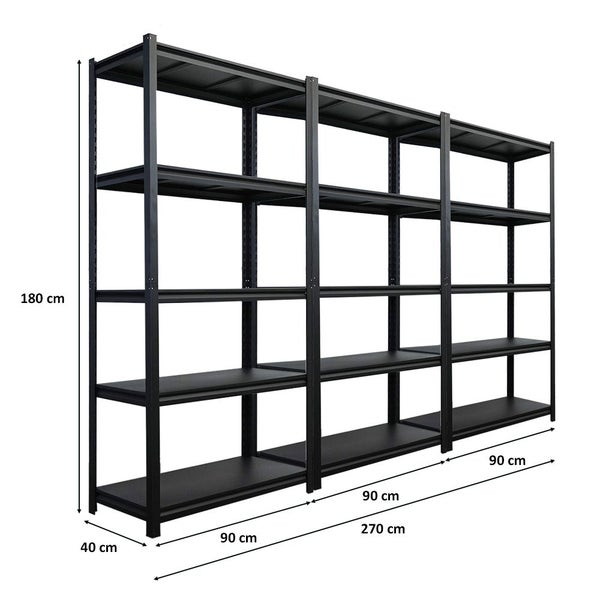 Schwarzes Metallregal mit fünf Ebenen, Maße 180 cm Höhe, 270 cm Breite und 40 cm Tiefe