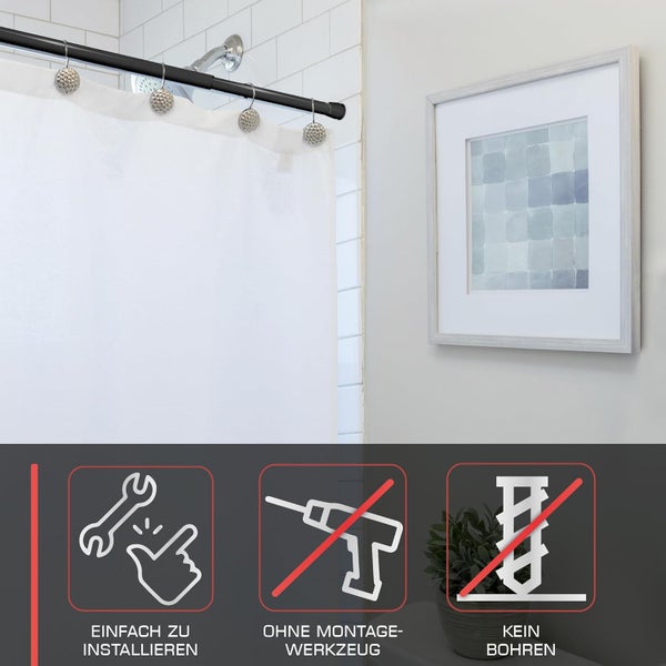 Badezimmer Szene mit Duschvorhang, Stange und Symbolen für einfache Installation