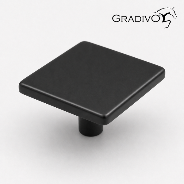 Quadratischer Möbelknopf in Mattschwarz. Gradivo Logo.