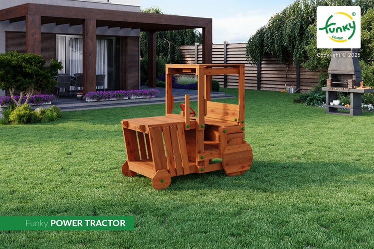 Spieltraktor aus Holz im Garten mit Terrasse und Grillstation, Modell Funky Power Tractor.