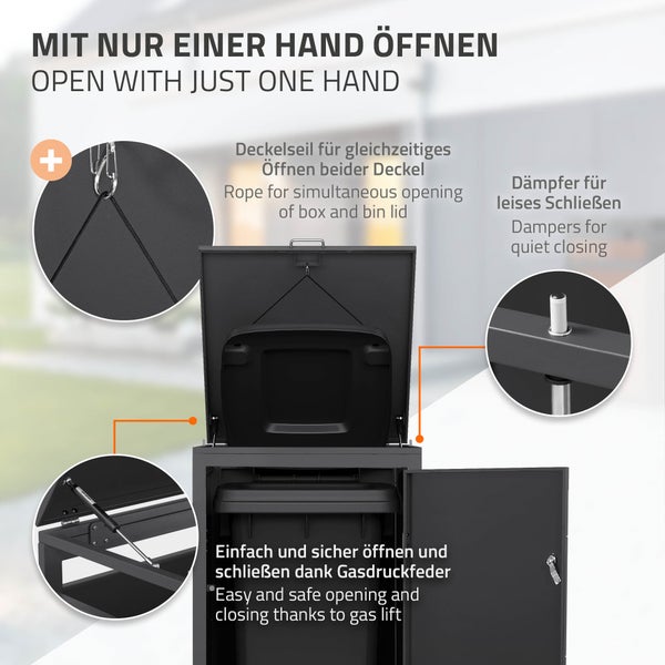 Mülltonnenbox aus Metall mit Gasdruckfeder, Deckelseil zum gleichzeitigen Öffnen und Dämpfern für leises Schließen.