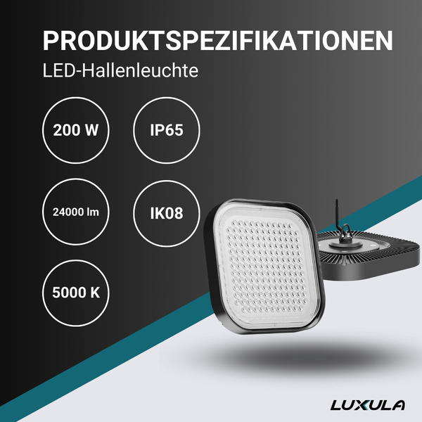 LUXULA LED HighBay Quadratischer Hallenstrahler 200W 24000lm 5000K Neutralweiß IP65 Hallenleuchte