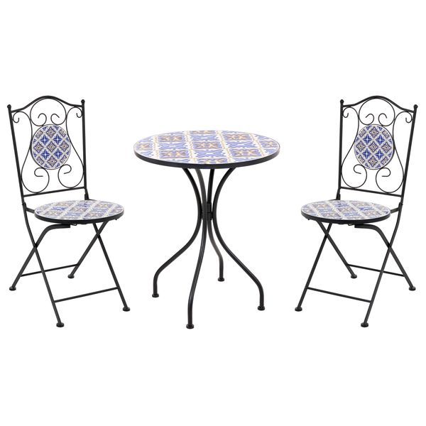 Bistrotisch und zwei Stühle mit Mosaik Verzierung aus Metall im Set für den Garten