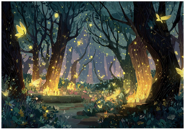 Illustration eines Waldes mit Bäumen und leuchtenden Schmetterlingen.