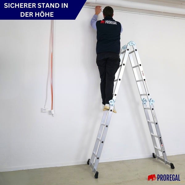 Sprossen-Mehrzweckleiter MULTISTEP geprüft nach EN 131-Standard | mit Gerüstplattform | 4-teilig Aluminiumleiter | 4x4 Sprossen | bis zu 4,6 m Höhe | Traglast 150kg | Arbeitsgerüst, Stehleiter & Anlegeleiter