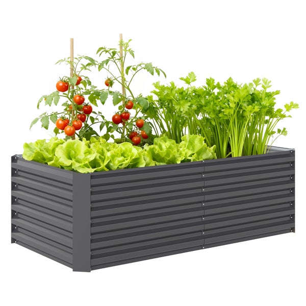 Anthrazitfarbenes Hochbeet aus Metall mit Wellenstruktur, bepflanzt mit Tomatenpflanzen, grünem Kopfsalat und Kräutern.