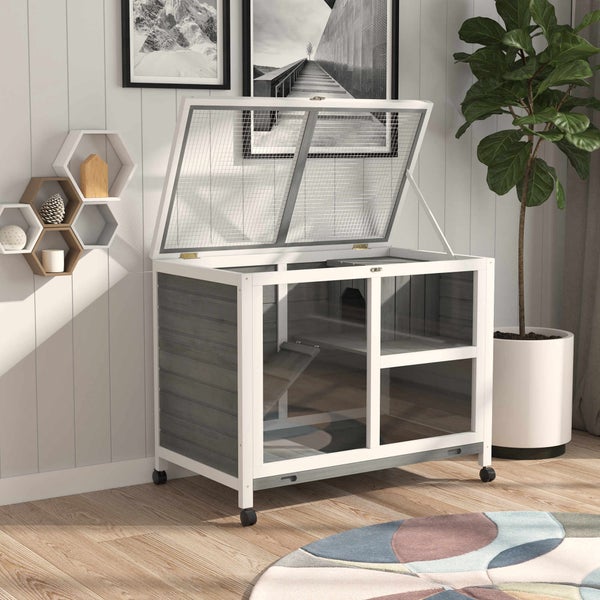 Kaninchenstall mit Gitterdach, Rampe und Rollen