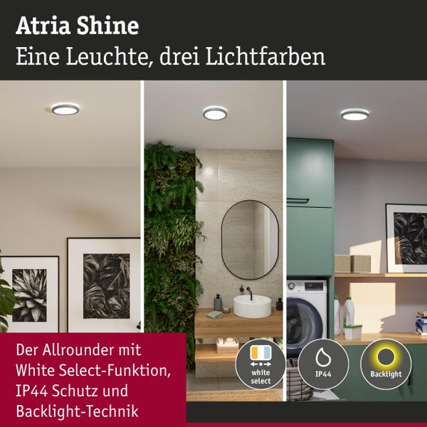 Atria Shine LED-Panel in Wohnzimmer, Badezimmer und Waschraum mit White Select-Funktion, Schutzart IP44 und Backlight-Technik.