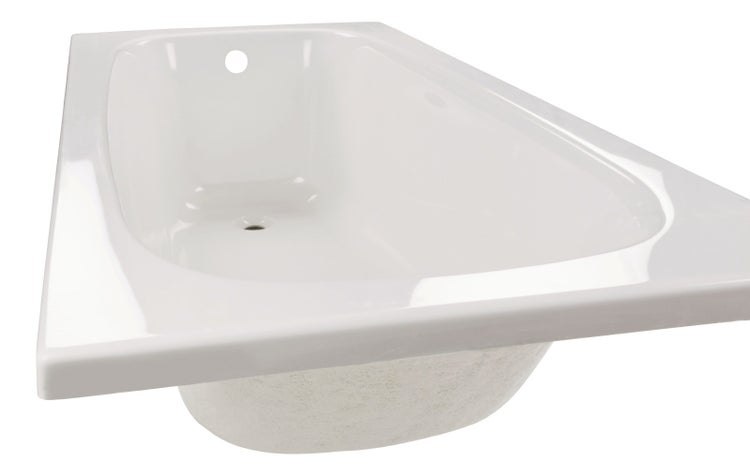 Weiße rechteckige Einbau-Badewanne aus Acryl mit ovaler Innenform, Überlauf und Abfluss.