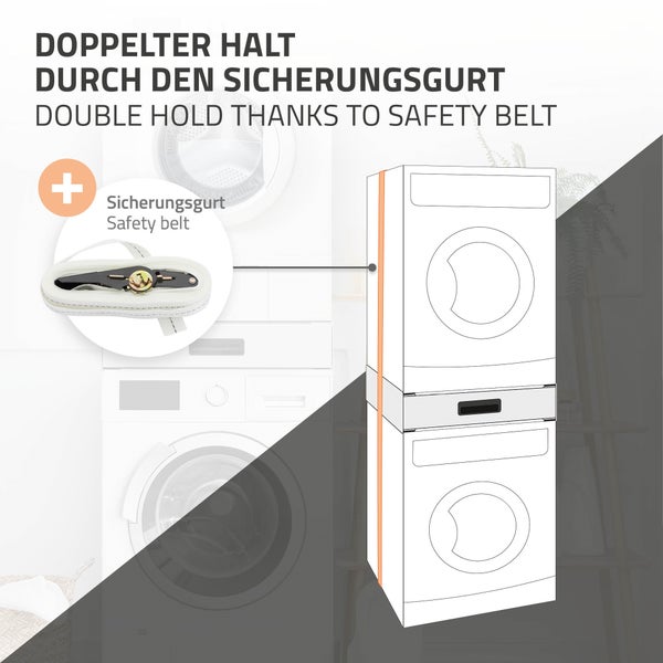 ML-Design Verbindungsrahmen für Waschmaschine und Trockner mit ausziehbarer Schublade, Stahl, 60x55cm, Weiß, rutschfest, Zwischenbausatz Universal Zwischenrahmen Zwischenbaurahmen Trocknersäule