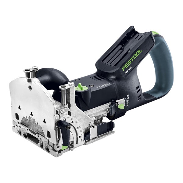 Festool Akku-Dübel-Fräse Domino DF 500 mit verstellbarem Winkelanschlag und ergonomischem Handgriff.