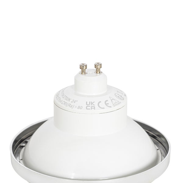 Nahaufnahme eines dimmbaren LED-Reflektors mit GU10-Sockel, 2700 Kelvin und einem Abstrahlwinkel von 24 Grad.