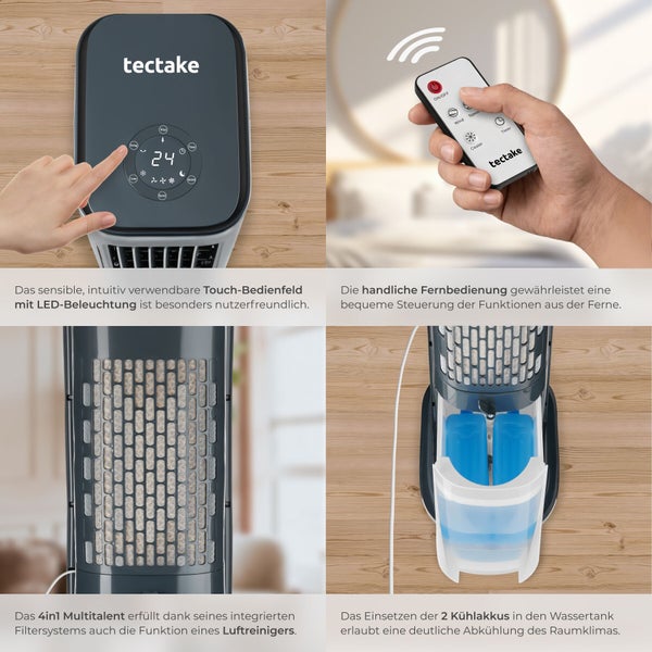 tectake 4 in 1 Luftkühler mit tectake Logo, Touch-Bedienfeld, LED-Anzeige, Fernbedienung, Filtersystem und Wassertank mit zwei Kühlakkus.