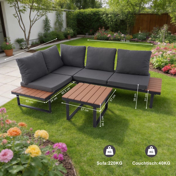Eck-Gartenlounge aus Metall und Holzoptik mit grauen Polstern und Couchtisch, 147 mal 145 Zentimeter, Sofa belastbar bis 220 Kilogramm.