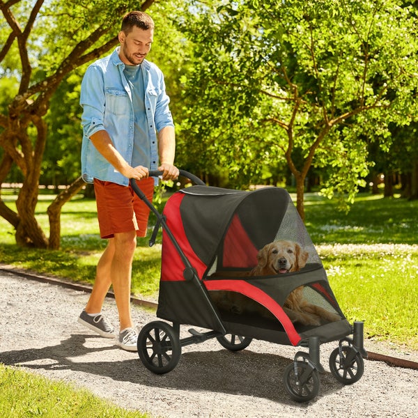 PawHut Hundewagen Hundebuggy klappbar für große Hunde & Katzen bis 30 kg Katzenbuggy mit Kissen Netzfenstern Türen Aufbewahrungstasche Katzenwagen mit Sicherheitsleinen, Bremsen, Buggy Schwarz