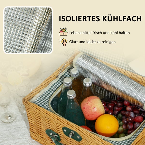 Outsunny Picknickkorb aus Weidenholz Picknickkoffer für 2 Personen mit Isoliert Kühlfach Besteck Set, Picknick Set Komplettset für Camping Strand Weihnachten Hellbraun