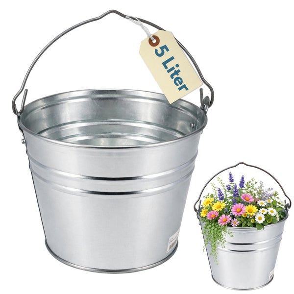 Verzinkter Metalleimer mit Henkel und einem Fassungsvermögen von 5 Liter; ein Eimer ist mit Blumen befüllt