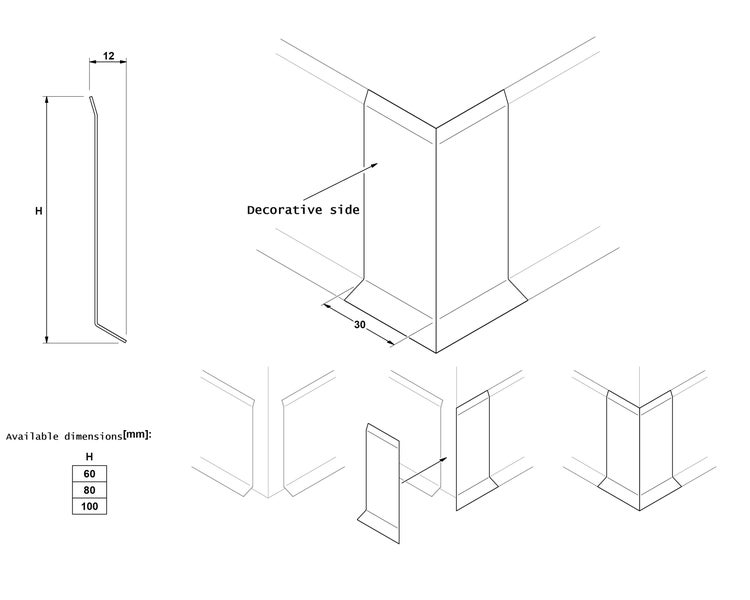 Technische Zeichnung einer Ecke für Sockelleisten mit den Maßen 60, 80 und 100 Millimeter Höhe