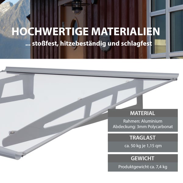 Vordach mit Aluminiumrahmen und Polycarbonatabdeckung, stoßfest und hitzebeständig, Traglast circa 50 Kilogramm pro 1,15 Quadratmeter.