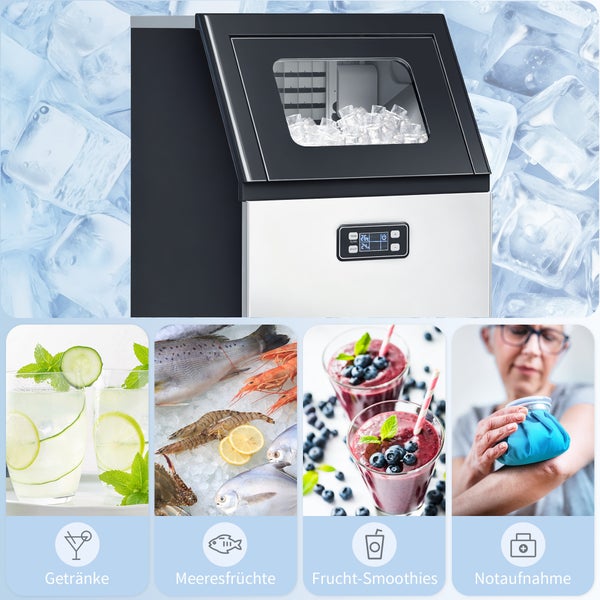 Eiswürfelmaschine mit digitalem Display und Sichtfenster, Anwendungsbeispiele für Getränke, Meeresfrüchte, Smoothies und Erste Hilfe.