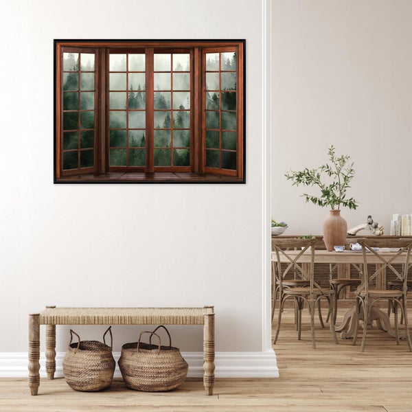 Wandbild mit Fensterrahmenmotiv und nebligem Wald im Innenraum mit Holzbank und Weidenkörben